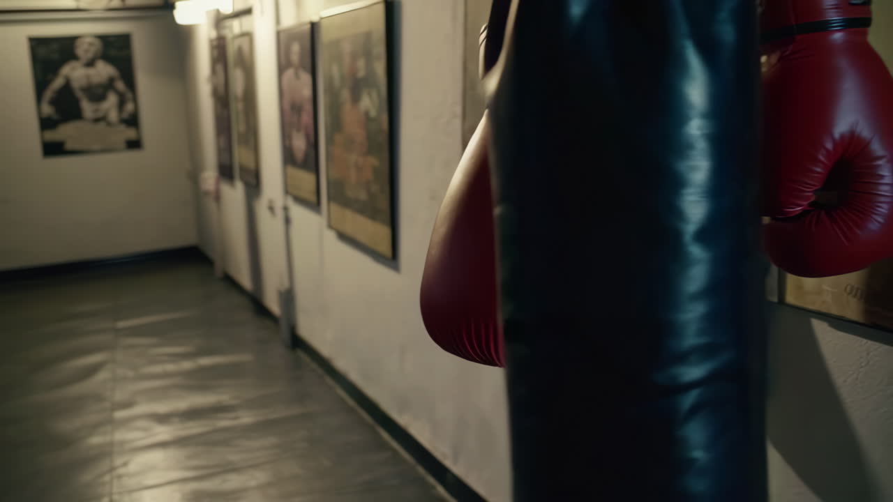Boxing Gym Interior with Punching Bags and Gloves