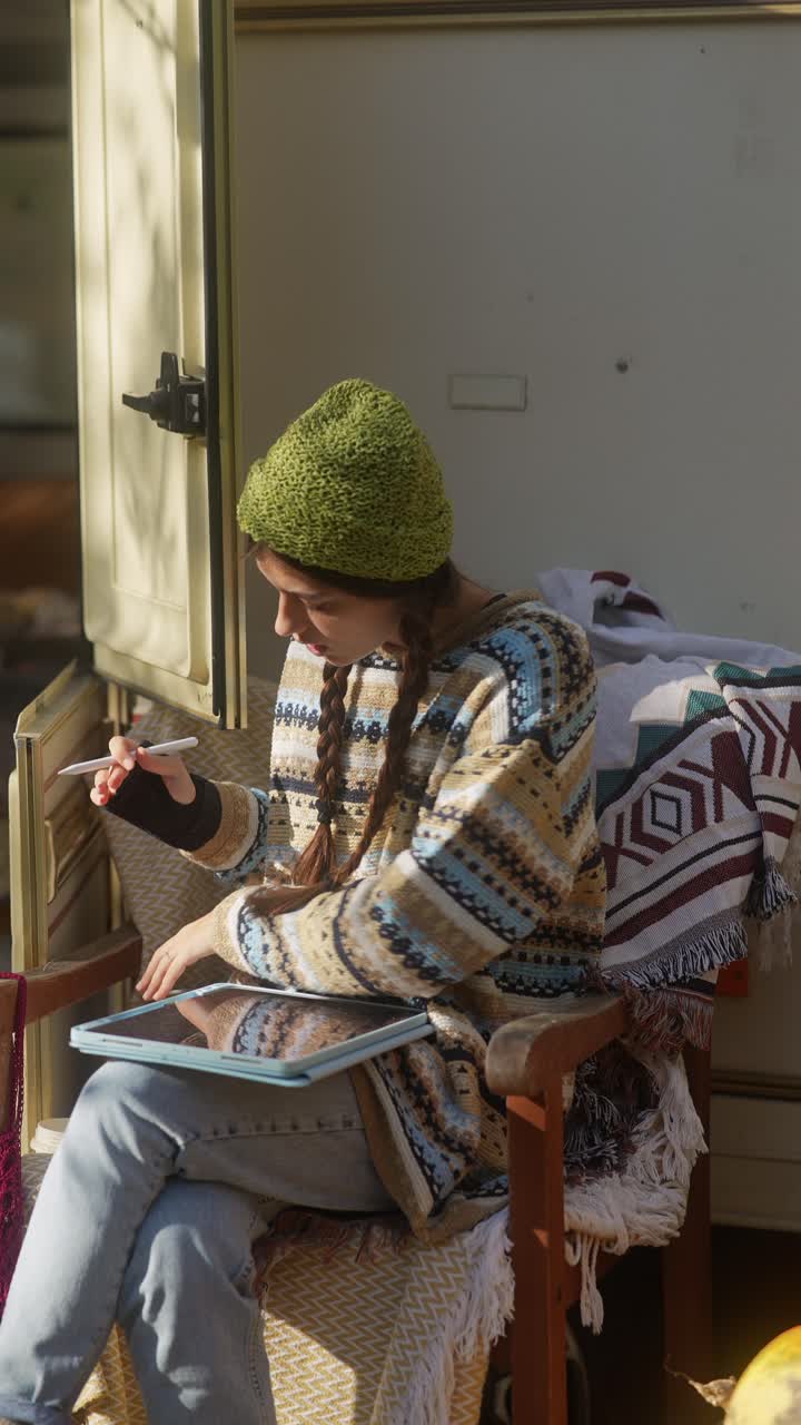 Donna che lavora su un tablet all'aperto in un camper.