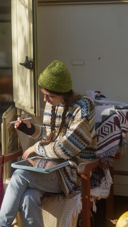 woman working on a tablet outdoors in a camper