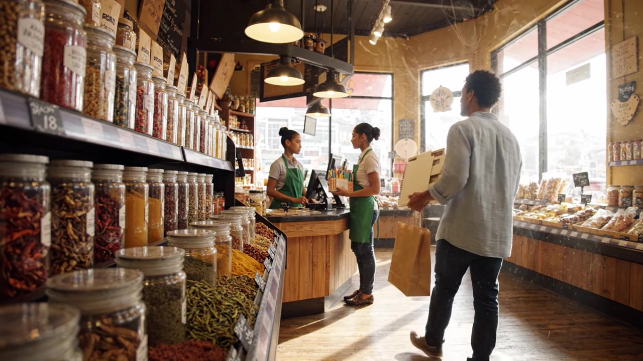 Un cliente visita un vivace negozio di mercato, con il personale mentre fa acquisti in uno spazio invitante pieno di barattoli colorati e prodotti freschi