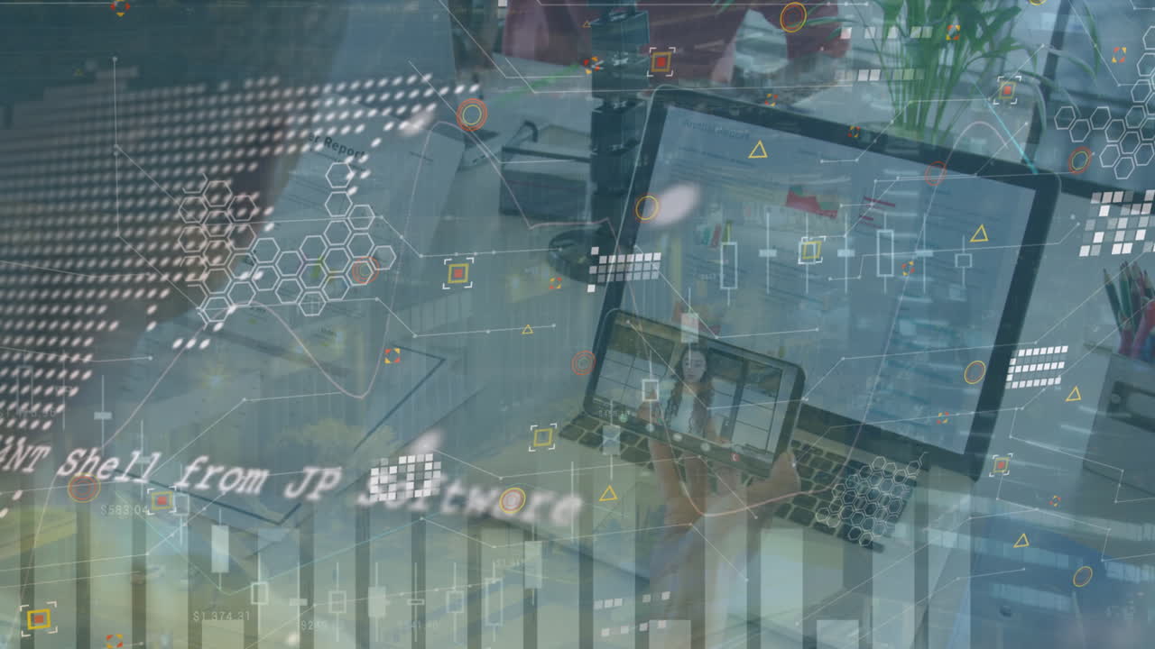 Animation of data processing over african american woman having a videocall on smartphone at office