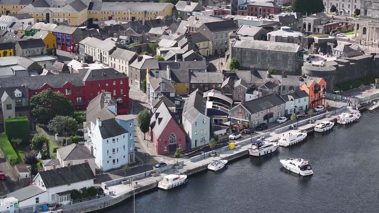 Athlone riverside aerial close up of buildings and old castle. Charming little town, Ireland