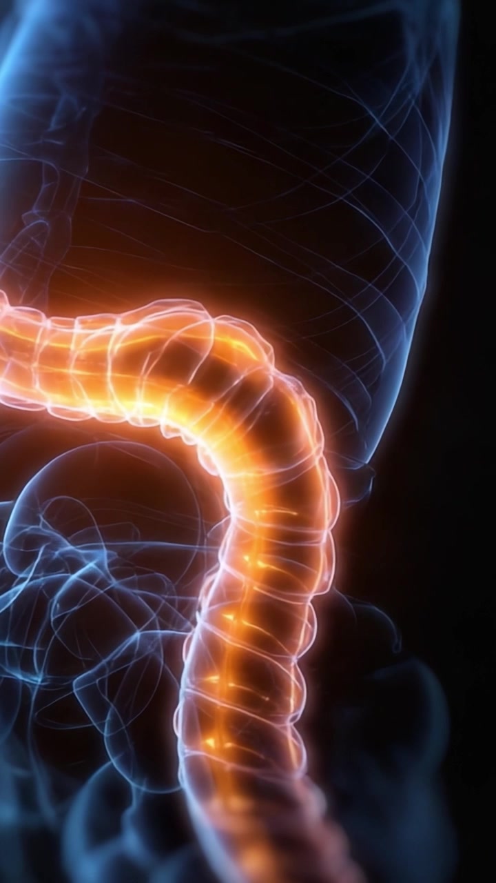 A Stunning Visualization of the Human Digestive Tract: Illuminating the Path from Stomach to Intestines in an Intricate Bioluminescent Style