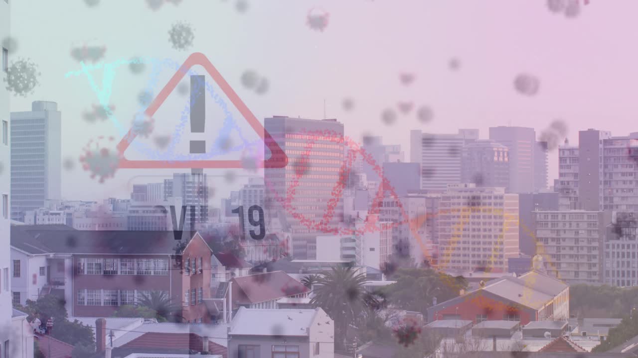코로나 바이러스 세포, dna 및 코로나 19의 애니메이션 도시 풍경에 표시됩니다.