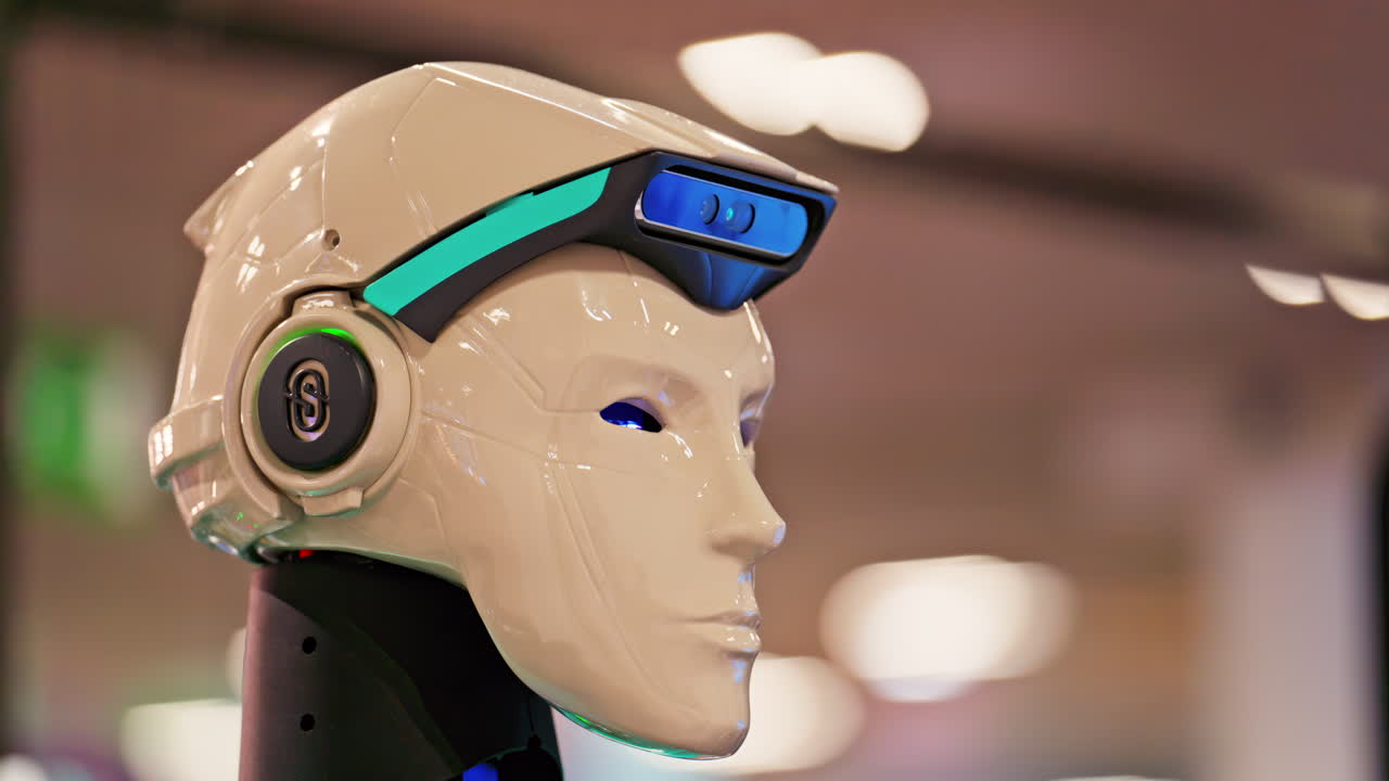 Cannes, France - February 15, 2025: Humanoid robot with a sleek black and white body, and glowing blue eyes, standing at conference