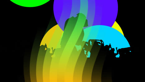 animation of yellow and green lines and silhouette of peoples on concert on black background