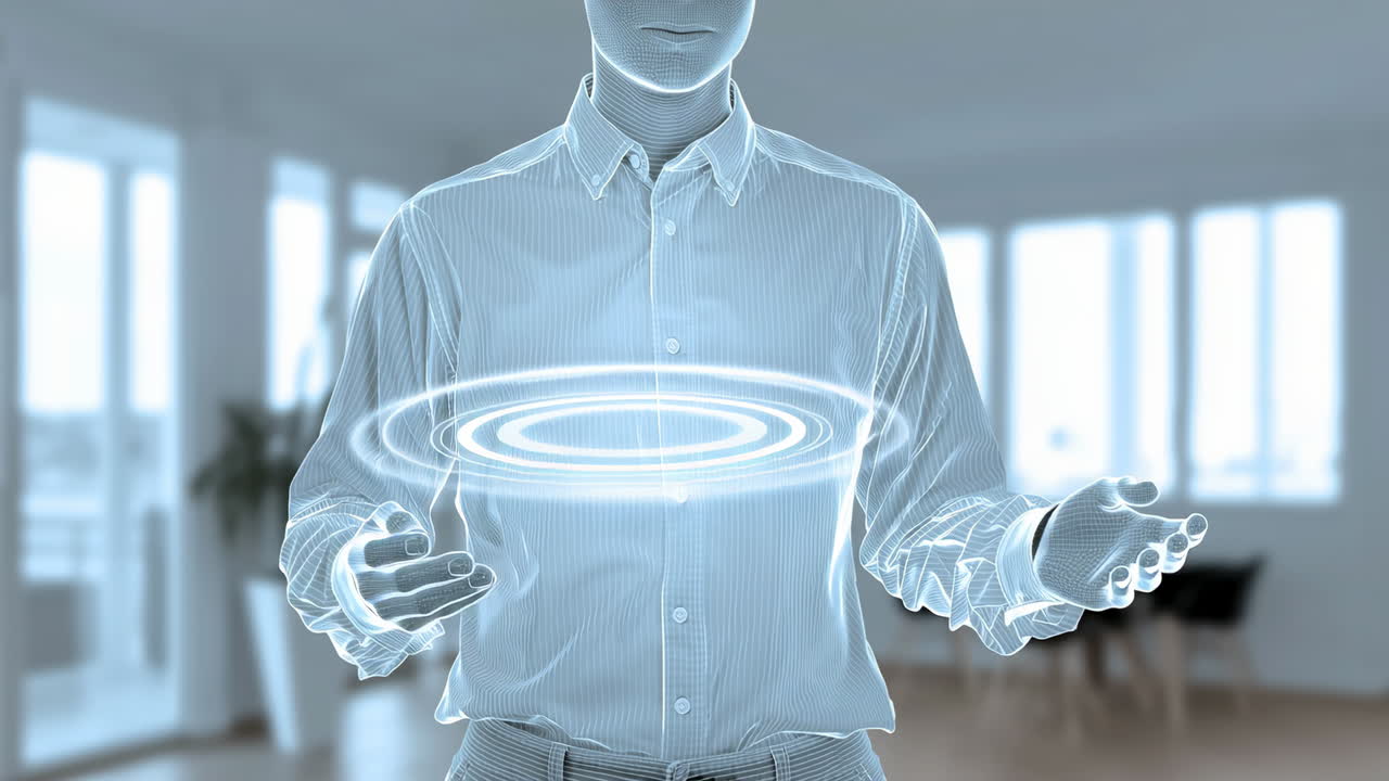 Man using hologram at work. A man in a striped shirt uses his hands to manipulate a floating holographic circle in a modern office