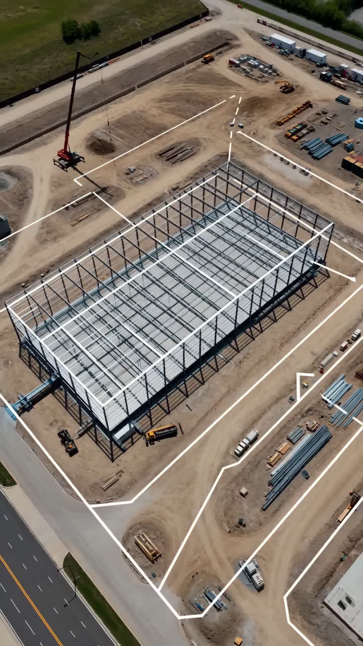 Drone che sorveglia un cantiere con struttura in acciaio, un ingegnere monitora la mappatura aerea su tablet, fungendo da supervisore del sito.