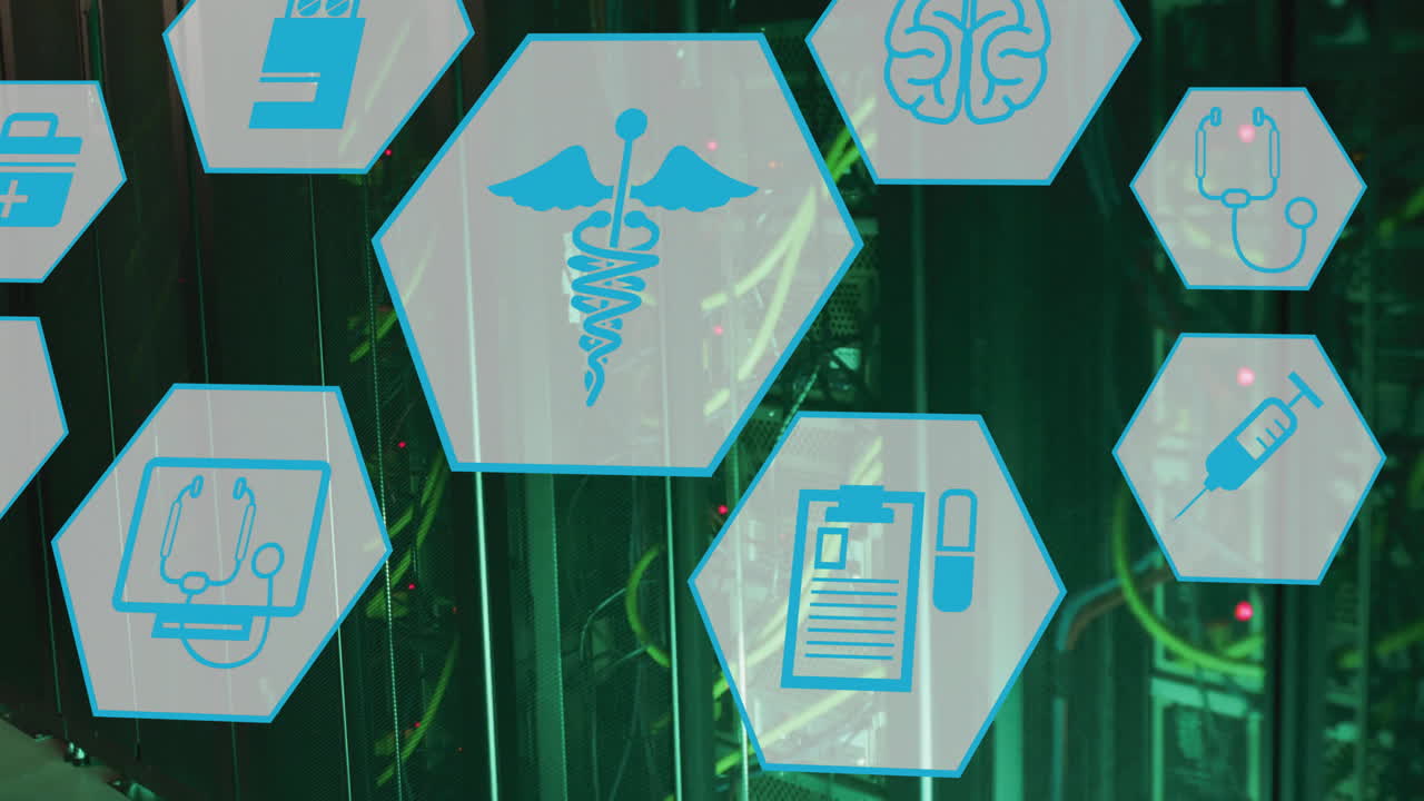 Animation of medical icons and data processing over computer servers