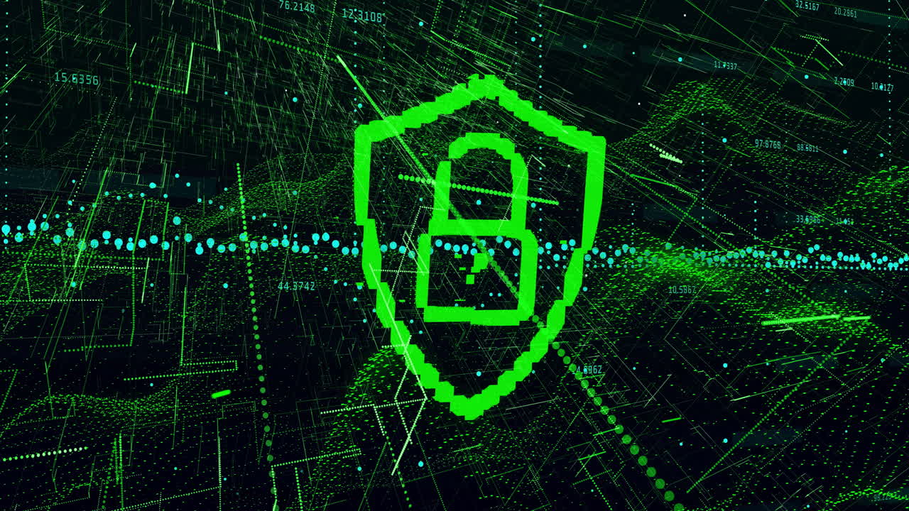 Animation of digital lock with green network and data visualization background