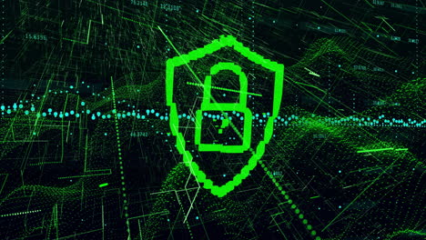 animation of digital lock with green network and data visualization background