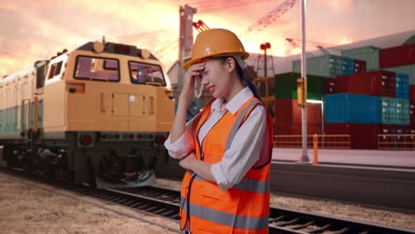 side view of asian female engineer with safety helmet having a headache while working with freight cargo train at port
