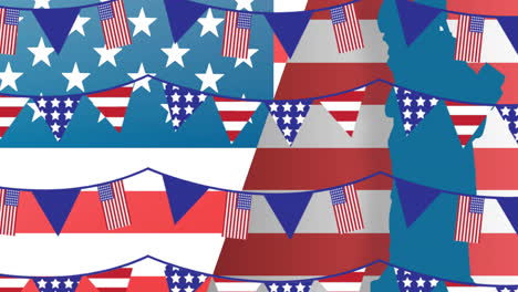 animation of flag garlands over statue of liberty