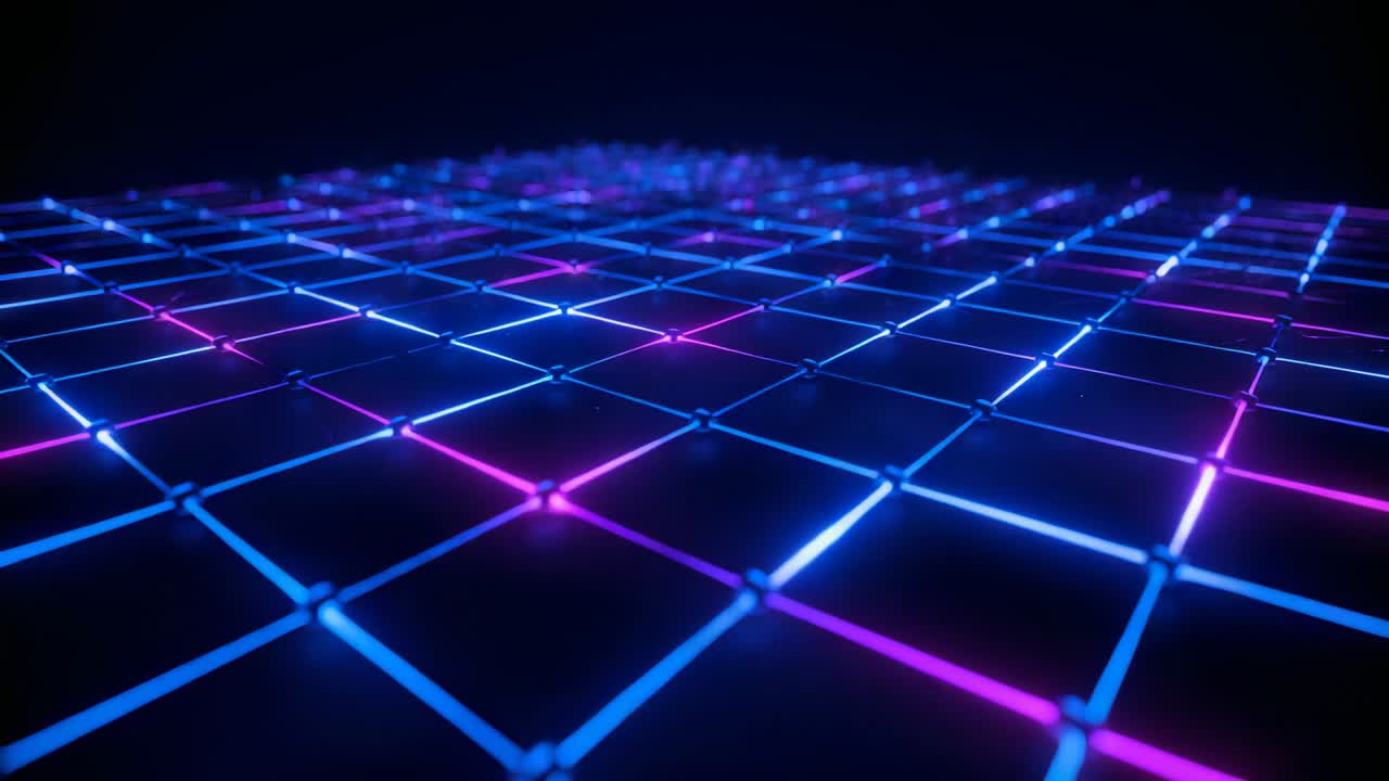 Camera tilting revealing neon grid plane undulating in digital void with cyan and magenta nodes
