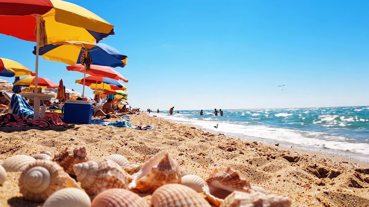Una vivace giornata estiva in spiaggia con ombrelloni colorati, onde scintillanti e bellissime conchiglie che costeggiano la riva sabbiosa.