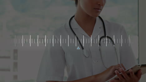 animation of data processing over biracial female doctor