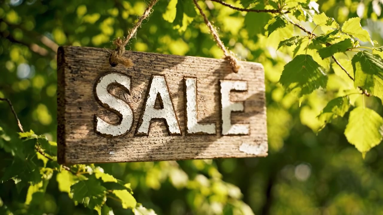 Incantevole cartello di vendita in legno appeso tra una vegetazione lussureggiante, che evoca un'atmosfera rustica e naturale perfetta per offerte stravaganti o sconti stagionali