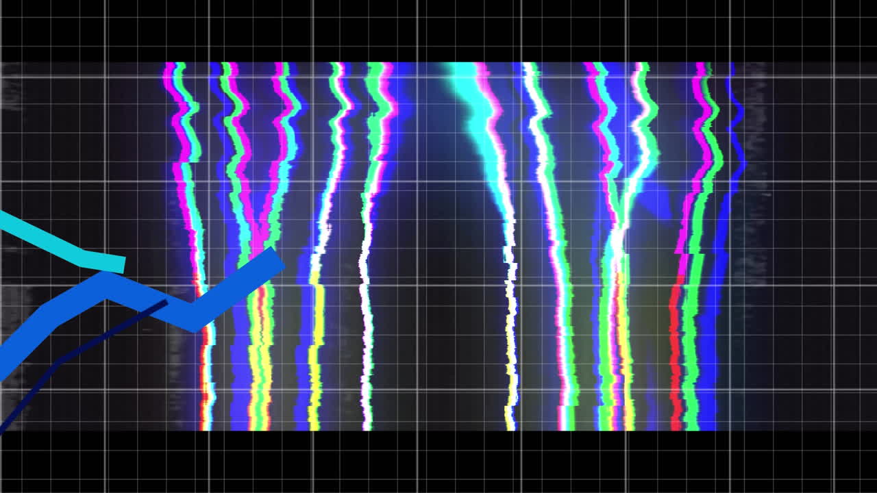 múltiples gráficos azules que se mueven sobre el texto wow en efecto estático sobre líneas de cuadrícula contra un fondo negro