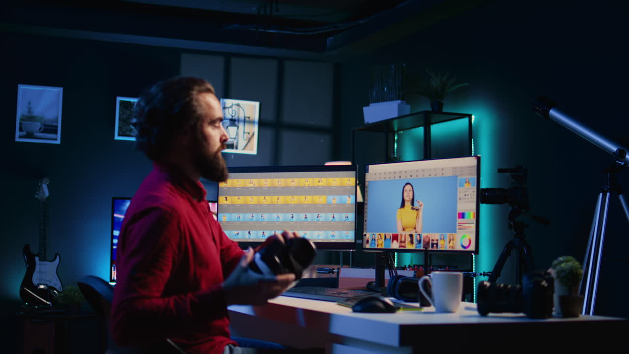 editor de fotos retocando fotografías con software de edición en una aplicación de realidad virtual