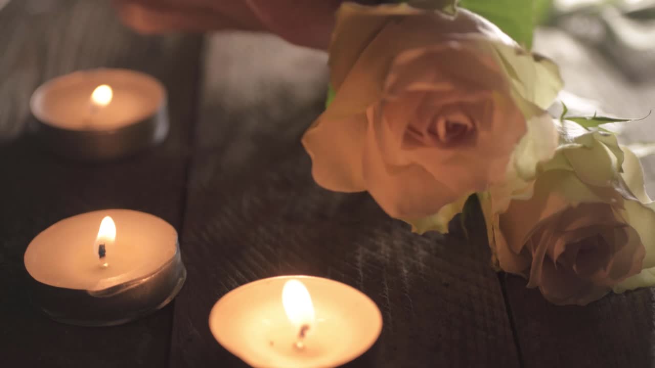 Hånd placerer lyserøde og hvide blomstrende roser med fyrfadslys.