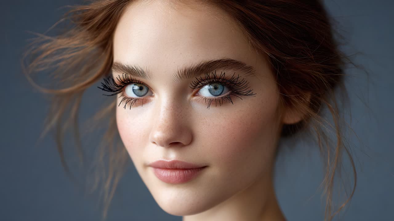 Stunning Close-Up Portrait of a Young Woman Showcasing Enchanting Blue Eyes and Lush Eyelashes, Highlighting Natural Beauty and Facial Features Under Soft Lighting