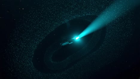 a mysterious underwater voyage: a diver illuminates the dark depths with a brilliant light surrounded by a swirling school of bioluminescent creatures