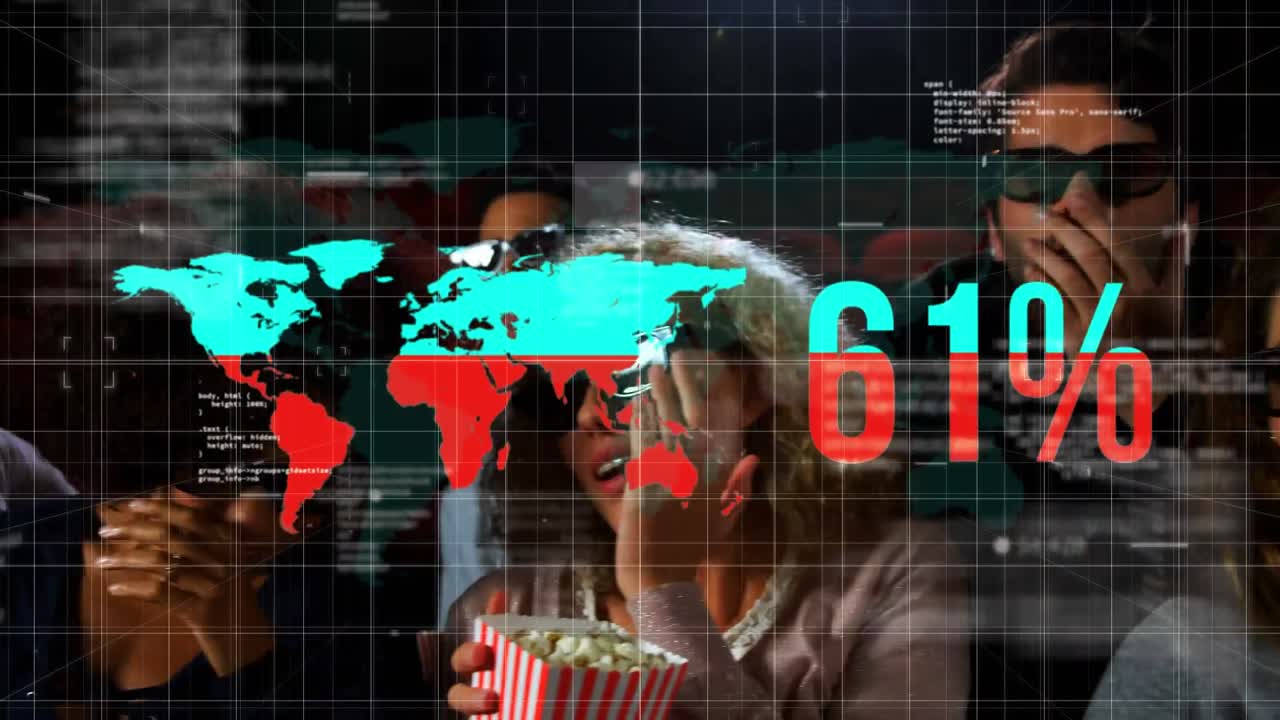 animación del procesamiento de datos de covid 19 con el mapa del mundo sobre las personas en el cine