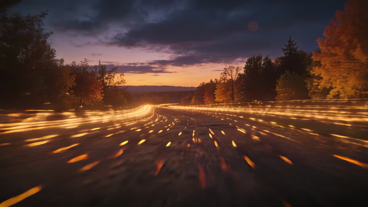 Vertical video: Cam moving low on curve, auto shot showing gold trails flowing to sunset for dusk