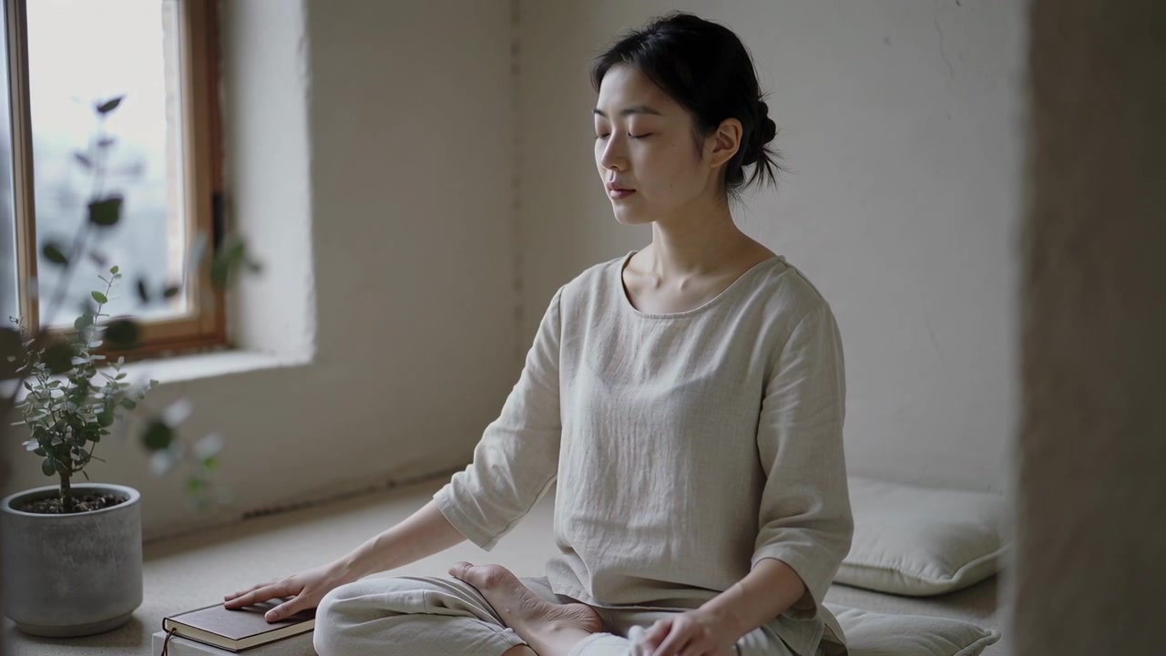 身穿休閒服的女子在窗邊微微睜眼，伸手拿取閉合的書本，調整呼吸