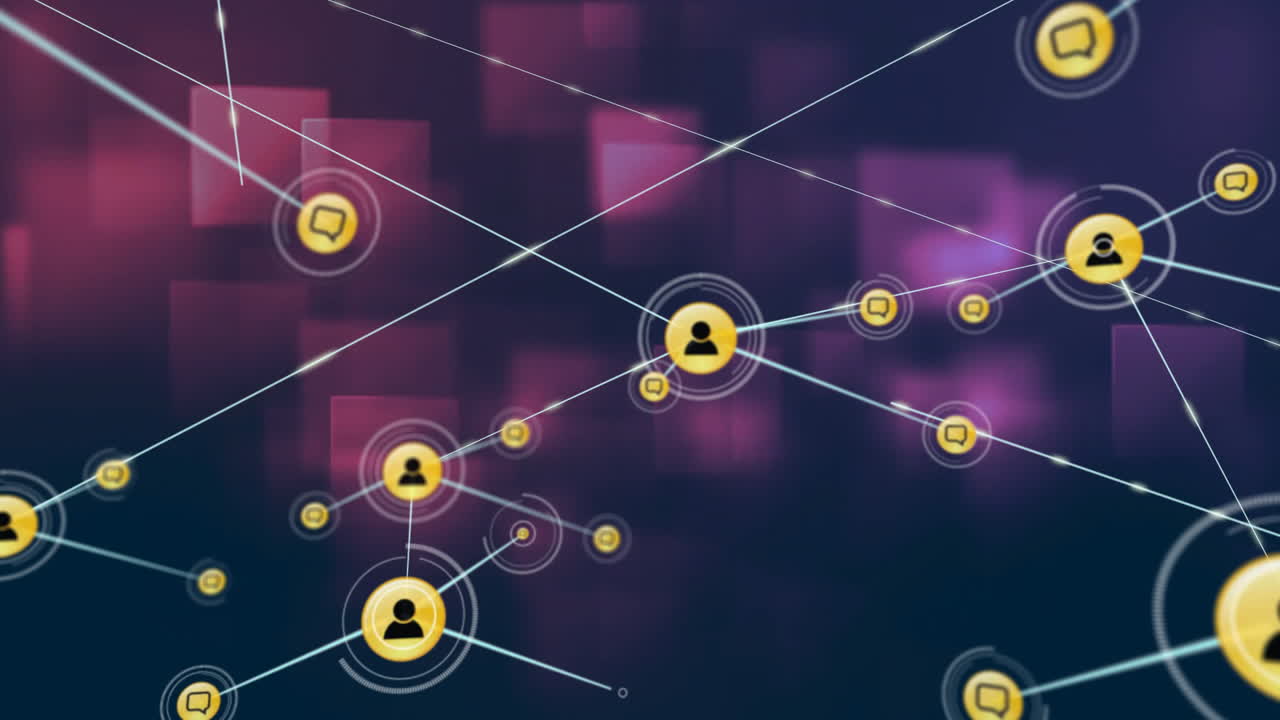 red de iconos de usuario conectados y burbujas de chat, animación de comunicación en las redes sociales