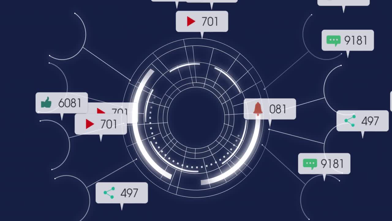 파란색 배경에 회전하는 스캐너 위에 떠다니는 소셜 미디어 아이콘의 애니메이션