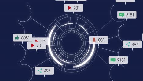 Animation-Von-Social-Media-Symbolen,-Die-über-Einem-Sich-Drehenden-Runden-Scanner-Vor-Blauem-Hintergrund-Schweben