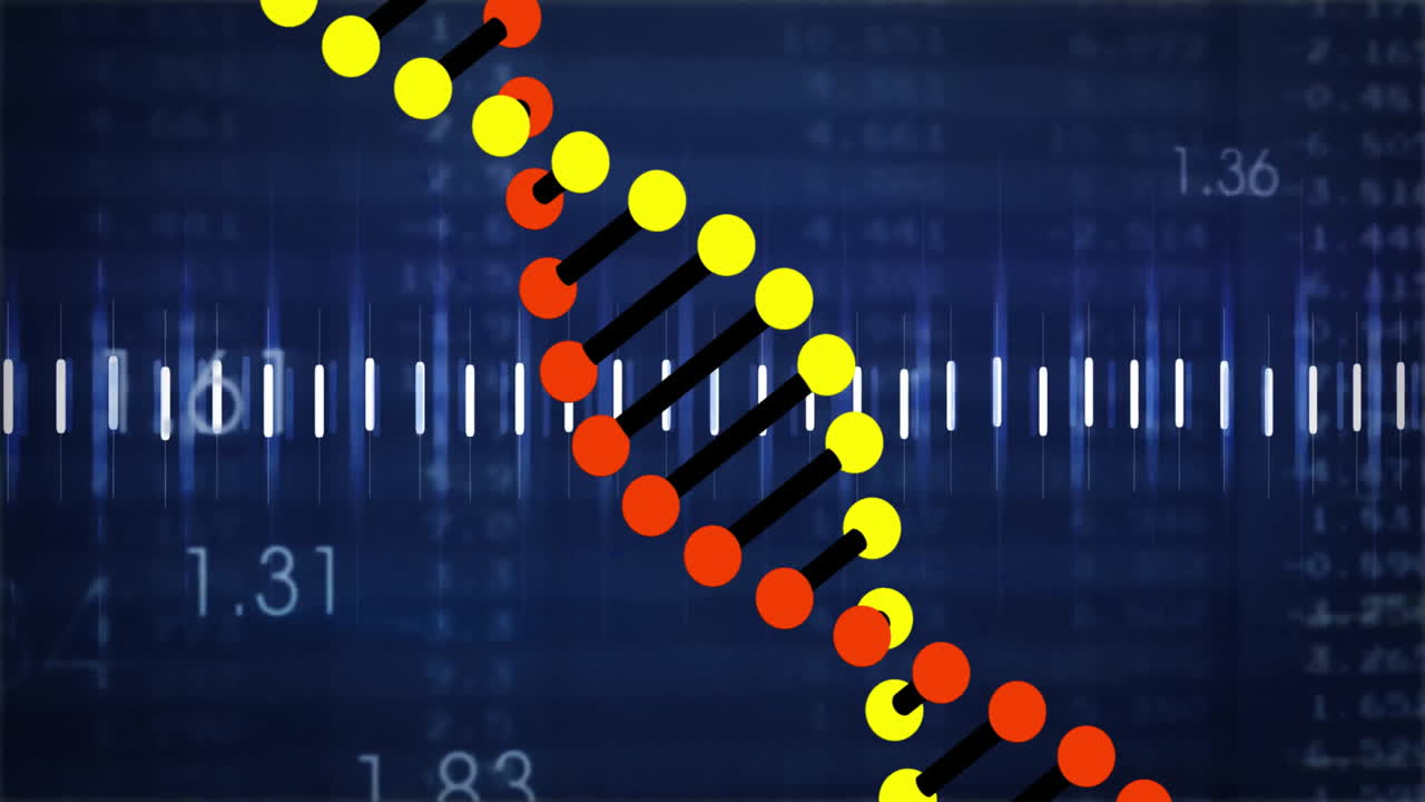 Stylized DNA helix animating in 3D on navy data background showing numeric overlays and waveform