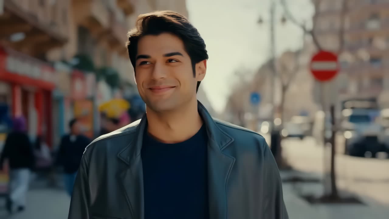 Young man smiling and walking on a city street