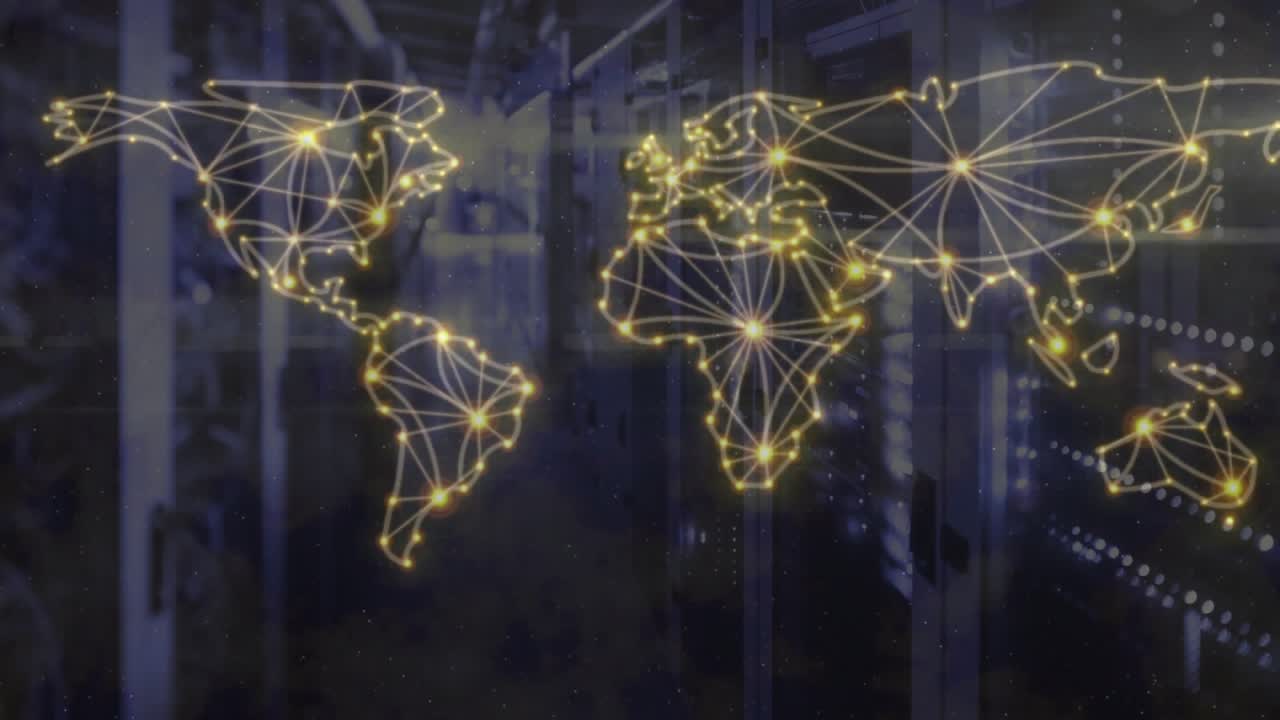 Golden points appearing, clustering, tracing lines, forming network map over racks, showing data