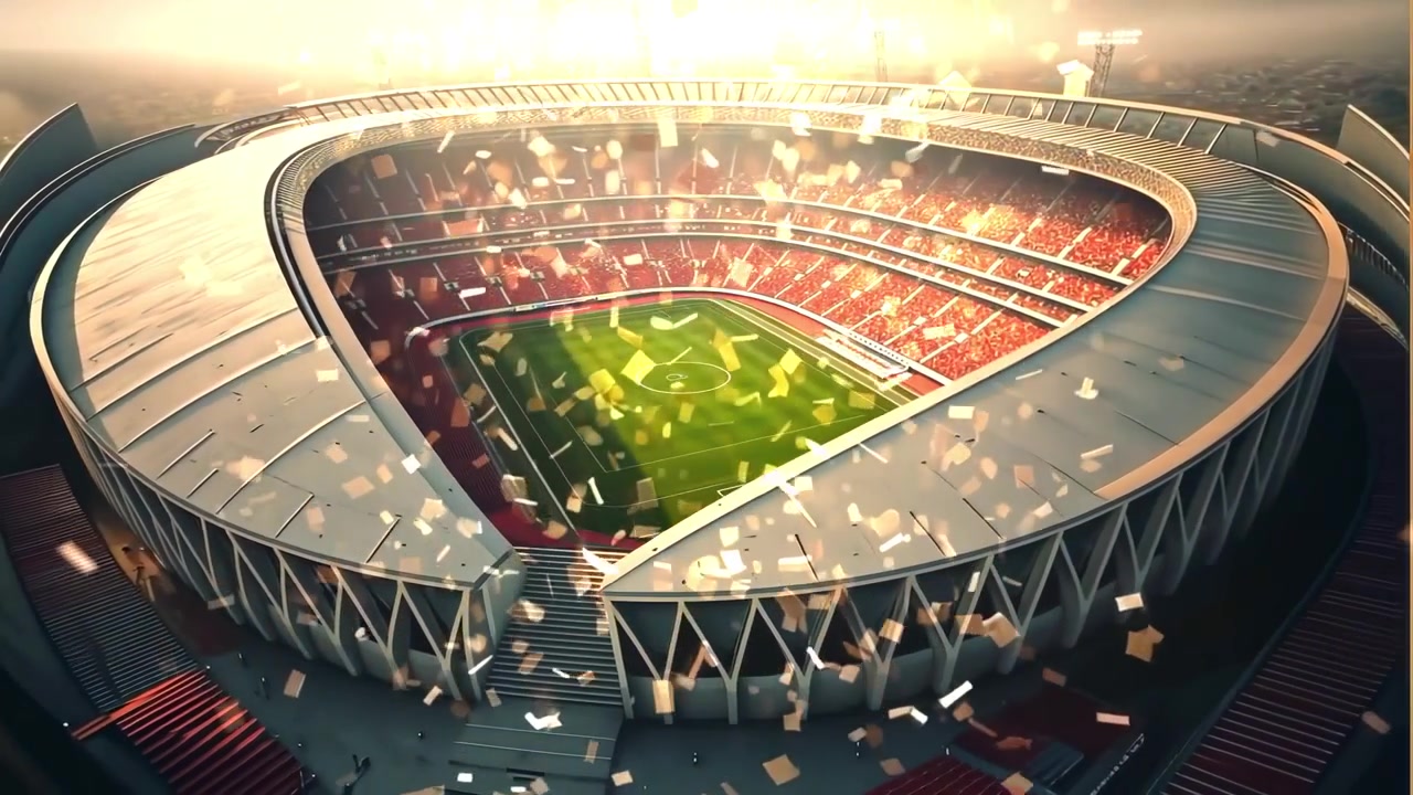 Ampia ripresa aerea iniziale che si muove su uno stadio sportivo all'aperto al tramonto, con coriandoli fluttuanti