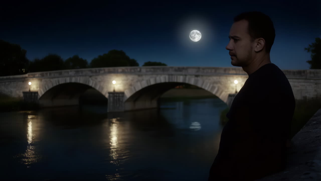 Man on a Bridge at Night Under the Moon