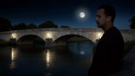 man on a bridge at night under the moon