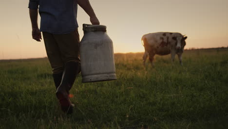 A-farmer-with-a-can-in-his-hand-walks-through-a-pasture-towards-a-cow