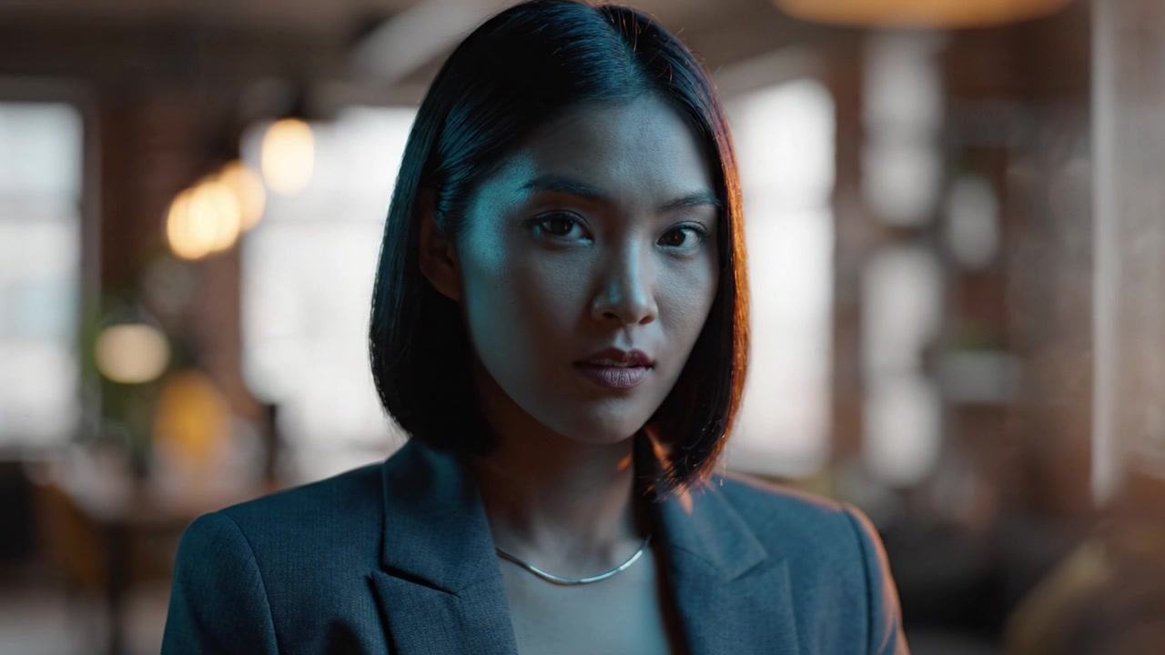 A Close-Up Portrait of a Confident Woman in a Stylish Gray Blazer with Soft Natural Lighting and a Warm Background, Capturing Intensity and Focused Determination