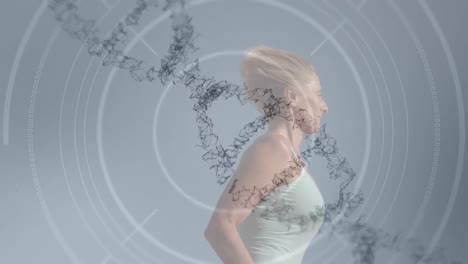 animation of 3d dna strand spinning over scope scanning and woman running