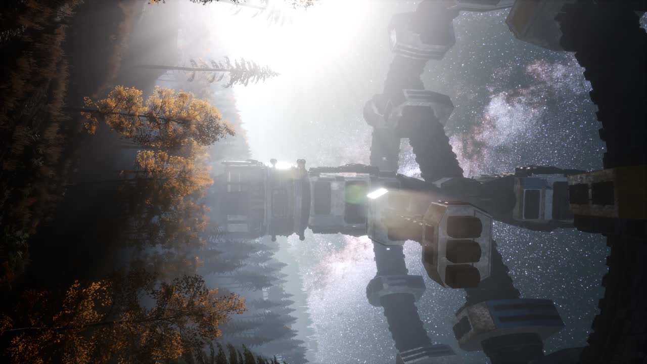 밤에 빛의  ⁇ 으로 숲 위를 떠다니는 ufo