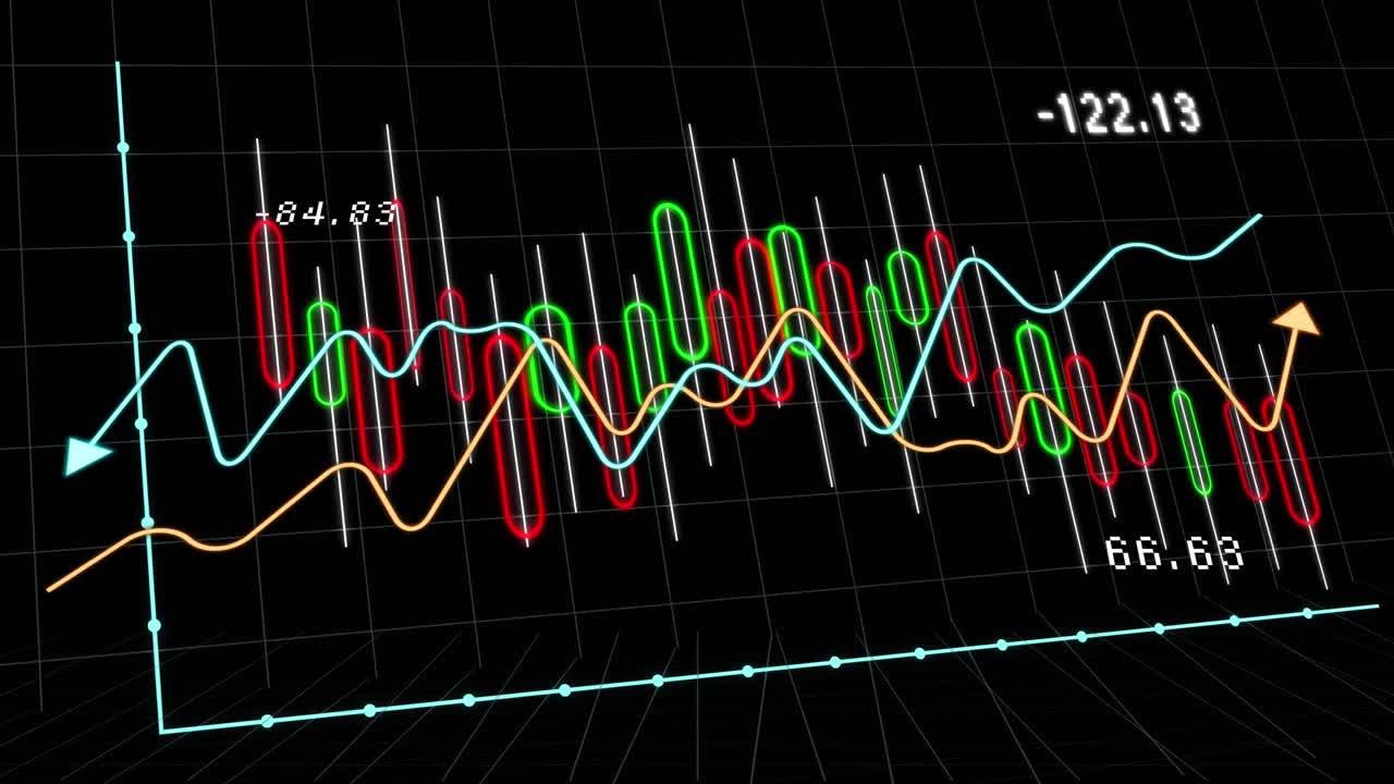 Animation of financial data processing over black background