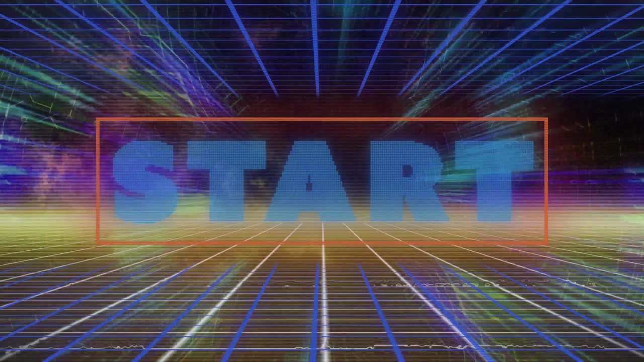 추상적인 배경에 대한 그리드 패턴 위의 직사각형으로 시작 텍스트의 애니메이션