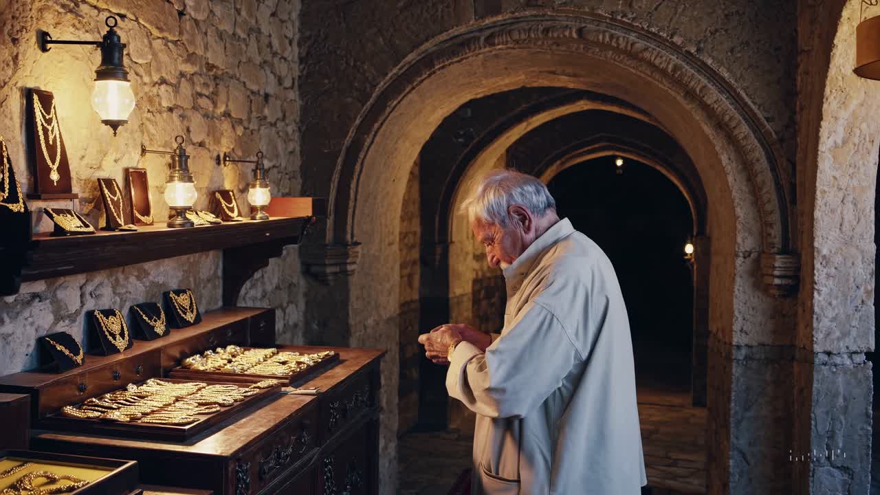 Senior goldsmith studying intricate jewelry piece, traditional workshop bathed in warm lamplight, handcrafted necklaces and bracelets displayed around workspace