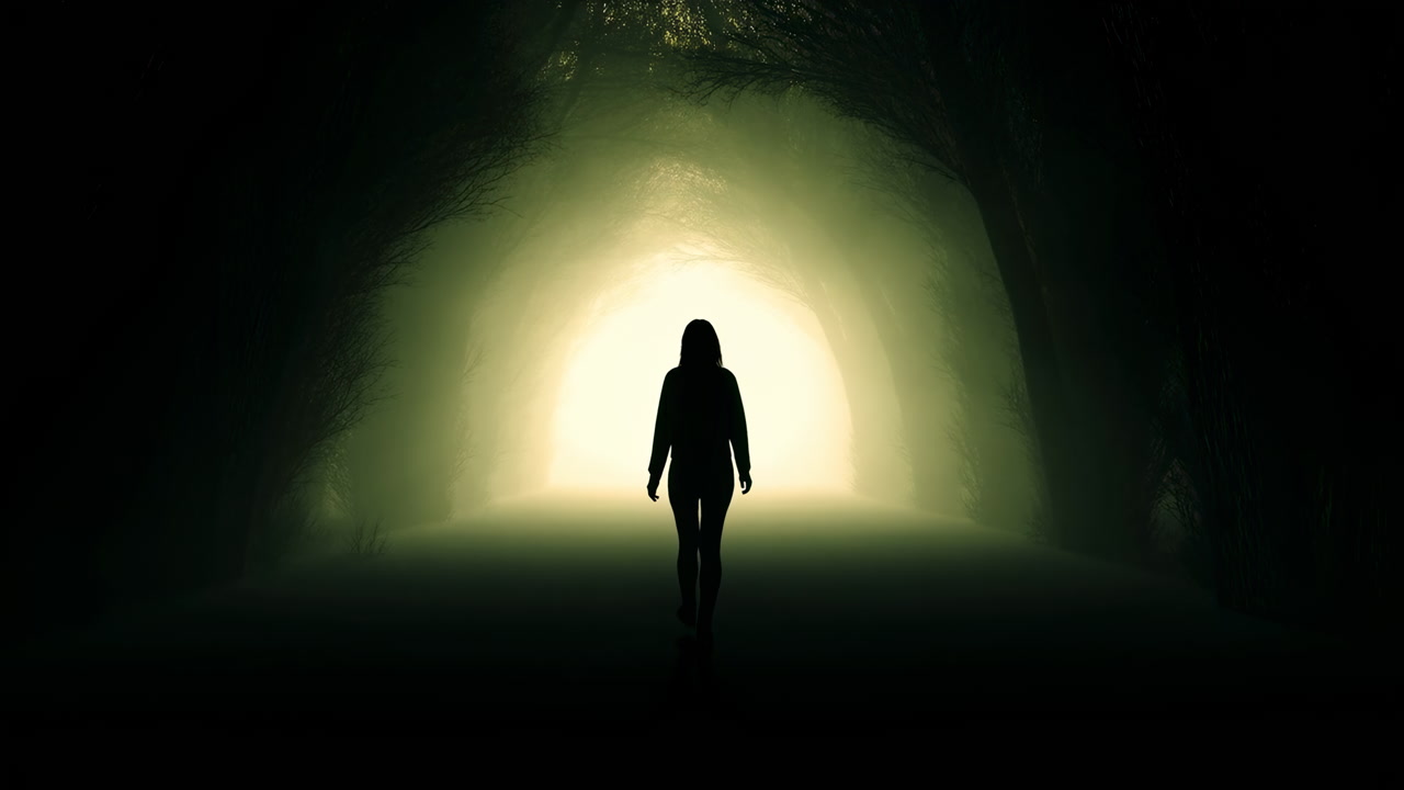 Mysterious Silhouette Walking Towards Light Through a Foggy Forest Path