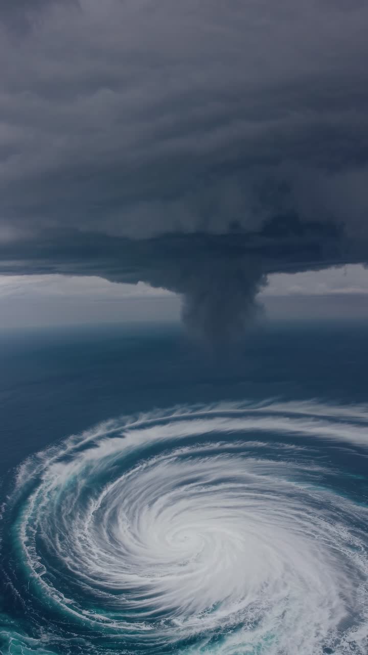 Dramatic aerial view of a swirling ocean vortex under dark storm clouds, capturing the raw power