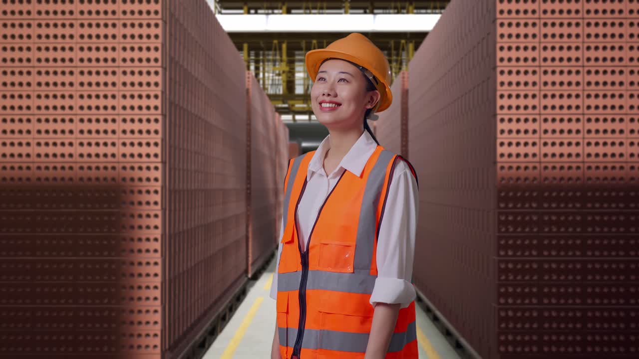 Side View Of Asian Female Engineer With Safety Helmet Looking Around While Standing With Red Brick Packed in Stacks Are Stored