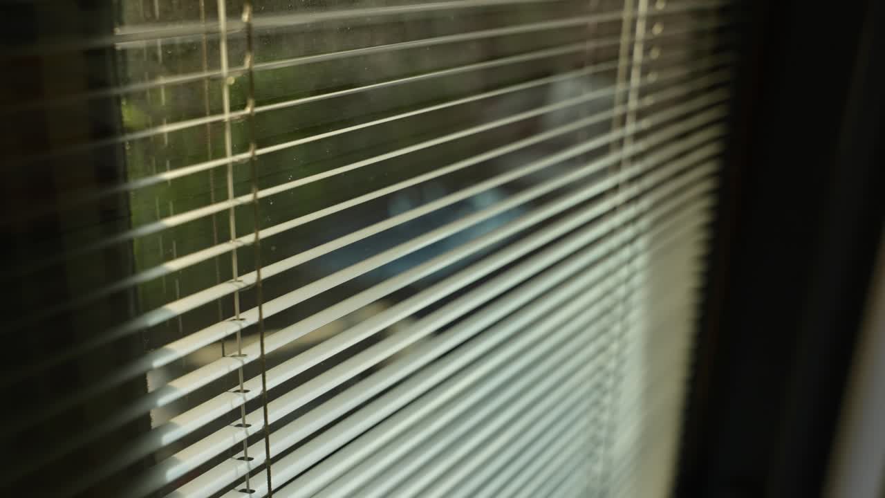 Morning sunlight shining indoor inside apartment from window with venetian blinds. Hiding inside home. Daylight showing between cracks of half closed blinds or drapes. Close up shot