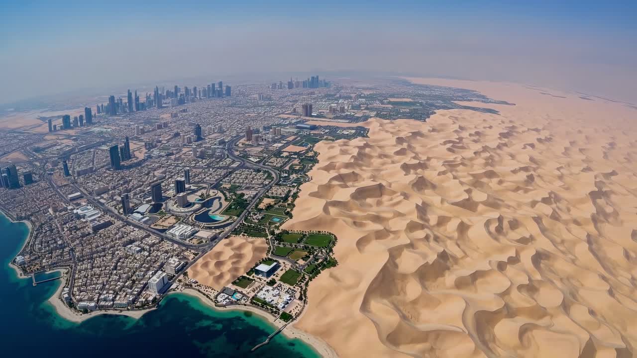 Modern Doha skyline revealing architectural marvel, towering glass buildings rising from golden desert landscape, showcasing Qatar's stunning urban natural intersection